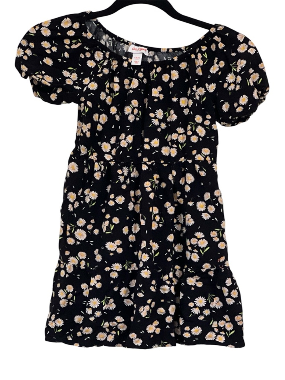 Cat & Jack Girls Black Daisy Print Puff Sleeve Dress size small (6/7)